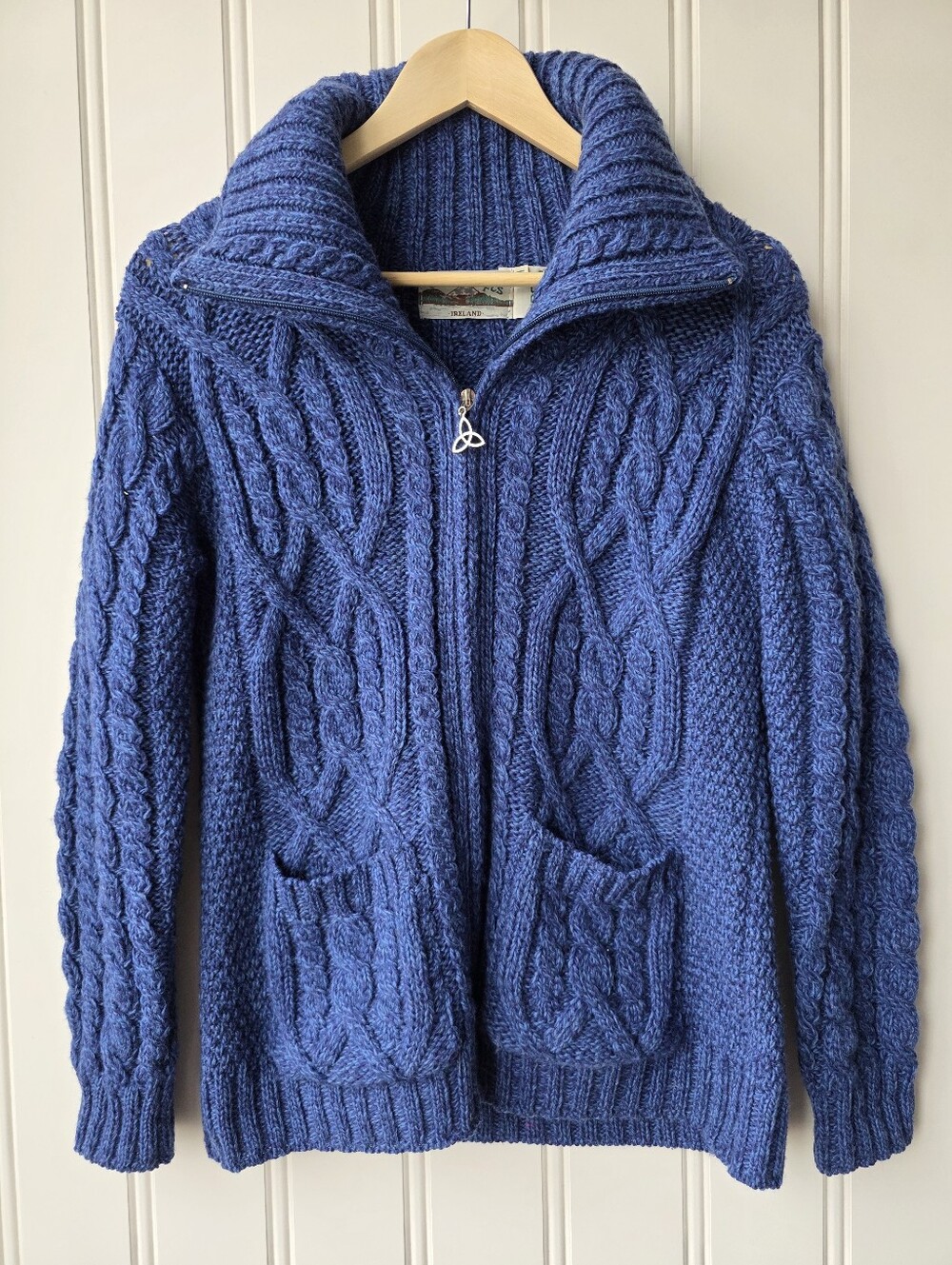Aran Crafts Ireland Merino Wool Cable Knit Zip Up Sweater Blue Womens Medium